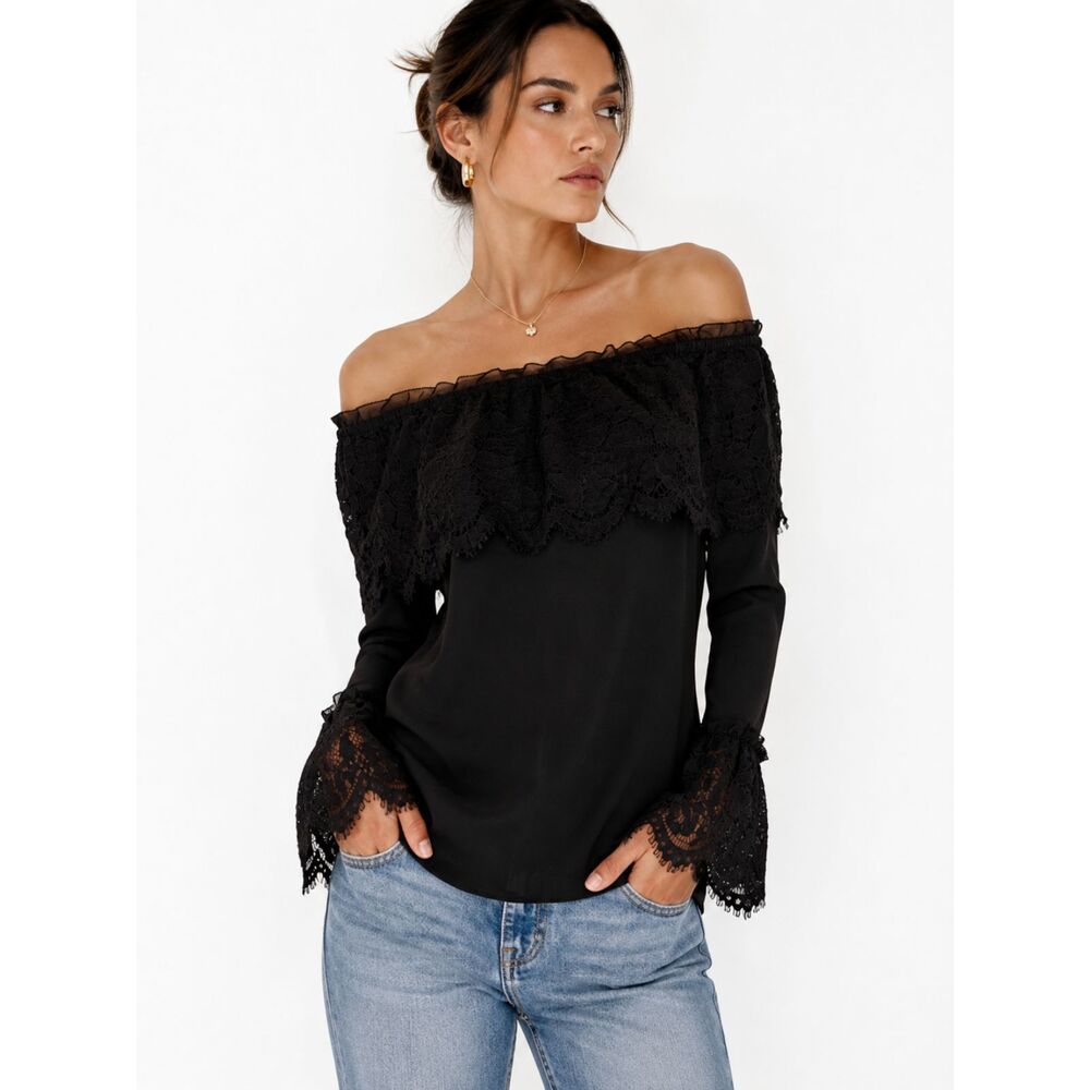 White House Black Market Black Lace Off Shoulder Boho Whimsygoth Top Small